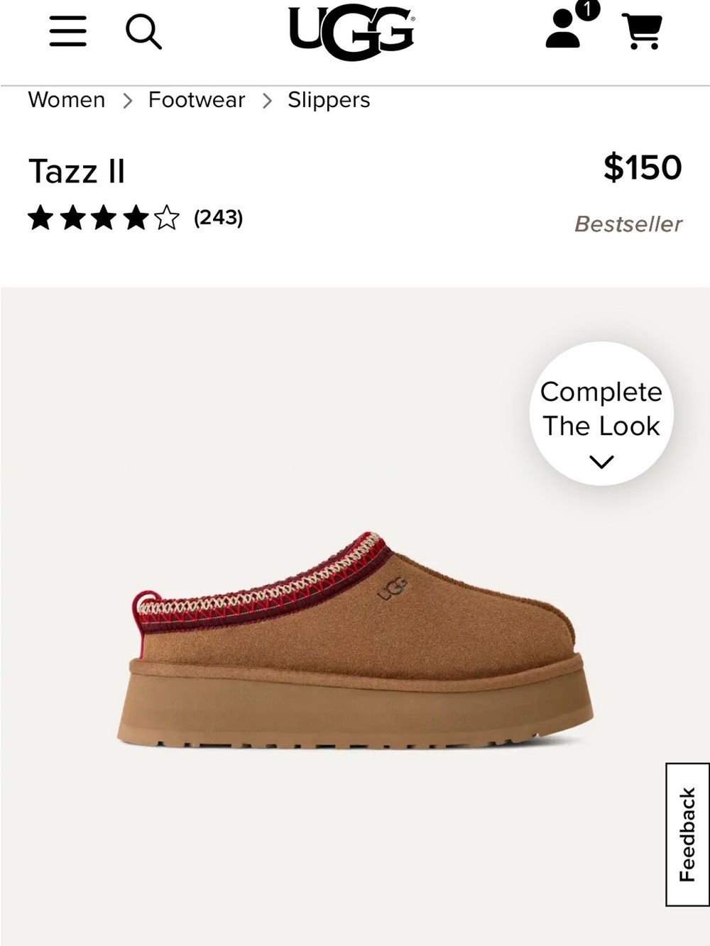 UGG women’s Chestnut Tasman Suede Slip-On platform Mules with Red Trim, size 7 - Picture 4 of 4